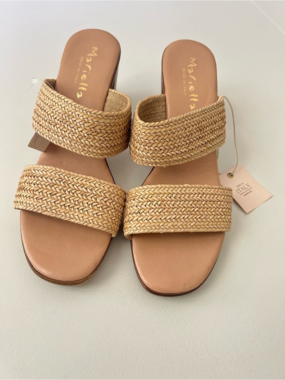 Mariella Tan Braided Double-Strap Slide Heels